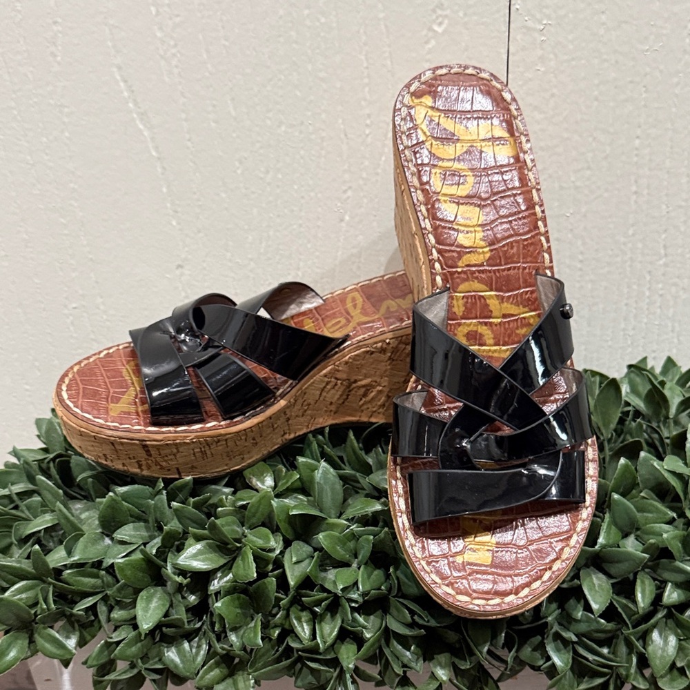 Sam Edelman Raynere Black Patent Cork Wedge Slide Sandals size 6